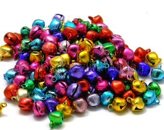 100 Assorted Small 9mm Bright Color Jingle Bell Charms with Loop in a Mix of Colors