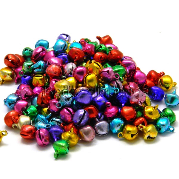 100 Assorted Small 9mm Bright Color Jingle Bell Charms with Loop in a Mix of Colors