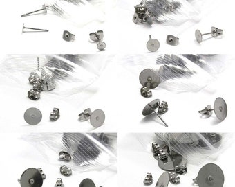 20 Silver Hypo-Allergenic Surgical 304 Grade Stainless Steel Round Flat Pad Stud Earring Findings with Post Earstud Backings