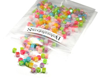 300 Small 4mm Square Plastic Acrylic Cube Beads in Assorted Opaque AB Colors