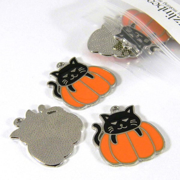 6 Citrouille Orange avec Émail de Chat Noir & Argent Halloween Dangle Bijoux Pendentif Charmes Avec Bague Boucle