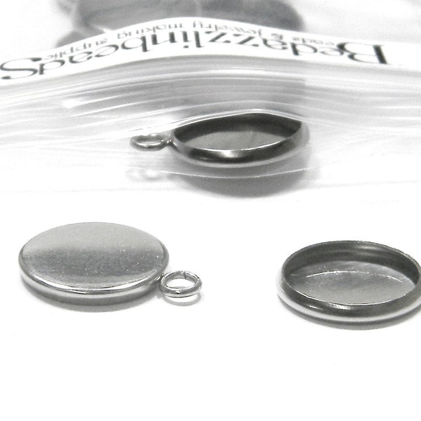 4 Surgical 304 Grade Stainless Steel Dark Silver 12mm Metal Cabochon Bezel Cup Pendant Charms