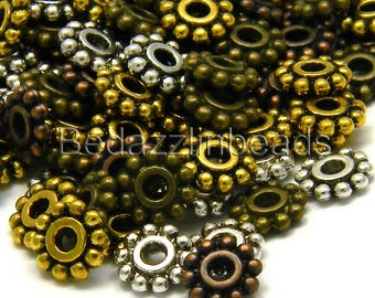 100 Assorted 7mm Flat Flower Antique Pewter Metal Beaded Rondelle Spacer Beads