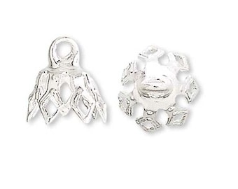 100 Silver Plated Brass Bell Bead End Charm Caps with Loop & 7 Filigree Prong Legs