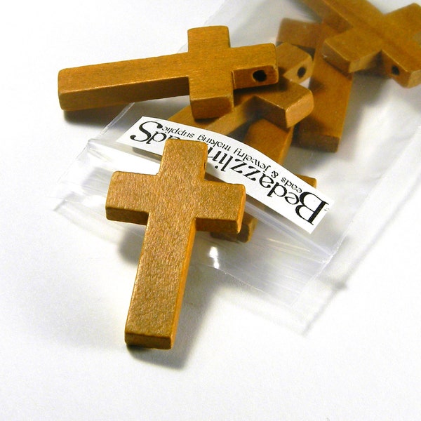 5 Big Natural Brown Wood Colored Wooden Cross Bead Pendants with 2.5mm Top Hole