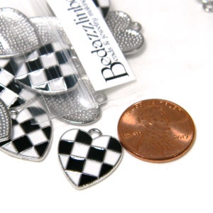 6 Black & White Checkered Racing Flag Heart Shaped Silver and Enamel Race Finish Silver Metal Charms
