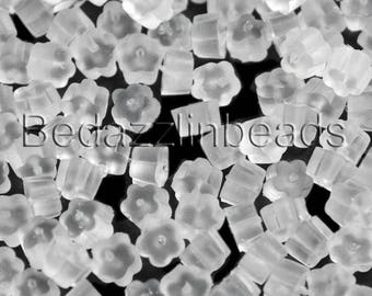 100 Clear Flower Shaped Soft Plastic Earring Backings for Fishhook Hook Earrings and Studs