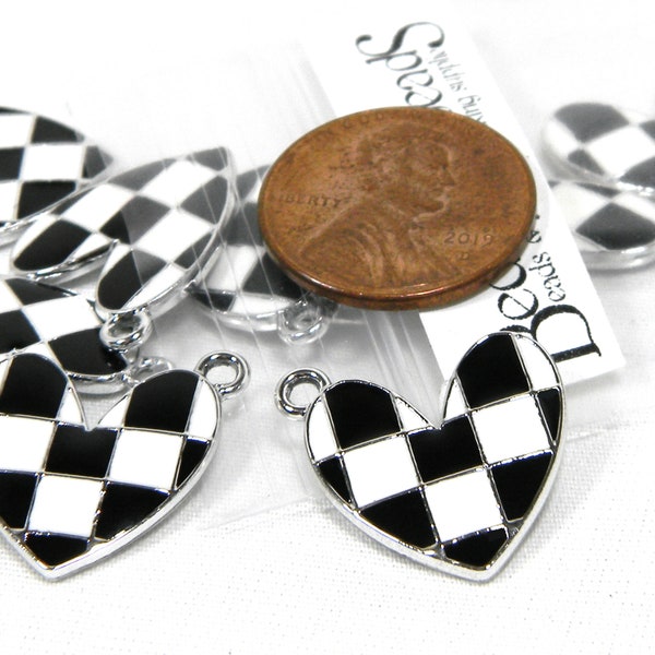 10 Double Sided Black & White Checkered Enamel Diagonal Heart Race Finish Winner Flag Silver Metal Pendant Charms