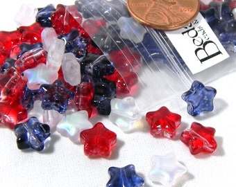 100 Patriotic Clear White AB and Red & Blue 8mm USA American Flag Themed Glass Star Beads for Jewelry and Crafts