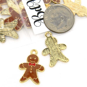 10 Gold Plated 3/4 inch Brown & Red Enamel Gingerbread Man Christmas Cookie Charms for Handmade Jewelry and Homemade Crafts