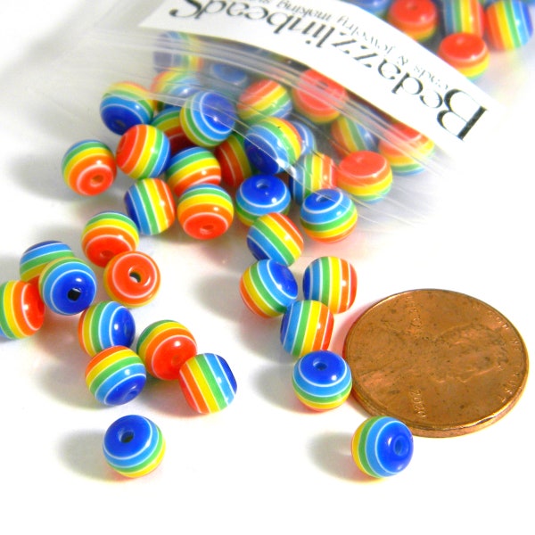 100 rayures arc-en-ciel 6mm x 5mm rondes en plastique acrylique bijoux perles de résine avec lignes rayées opaques rouge Orange jaune vert bleu