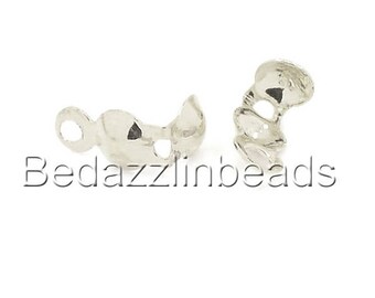 100 Silver Plated Bottom Clamp Clam Shell Bead End Tips With Closed Loop for Knots & Crimp Findings