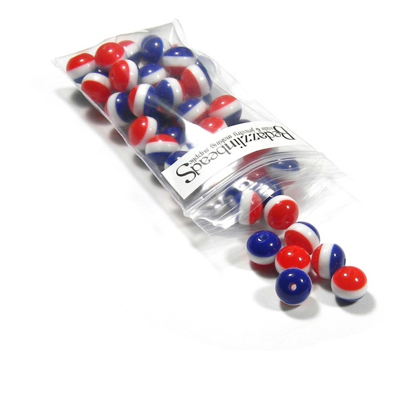 50 Red White and Blue Striped 10mm Round Plastic Acrylic Beads with 2mm Hole