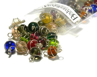 50 Assorted Color Silver Wire Wrapped 7mm - 8mm Round Loose Glass Link Beads w/ Loops