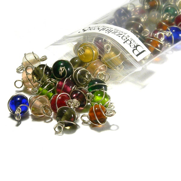 50 Assorted Color Silver Wire Wrapped 7mm - 8mm Round Loose Glass Link Beads w/ Loops