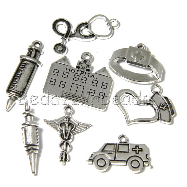 Set of 8 Assorted Antique Silver Plated Nurse, Doctor, EMS, Pharmacist Medical Jewelry Charm Pendants Stethoscope Ambulance Caduceus Hat +