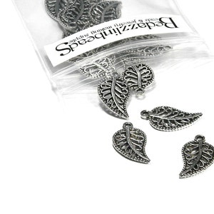 10 Antique Silver Curved 3/4 inch Fancy Filigree Leaf Drop Charms with Closed Loop Plated Metal