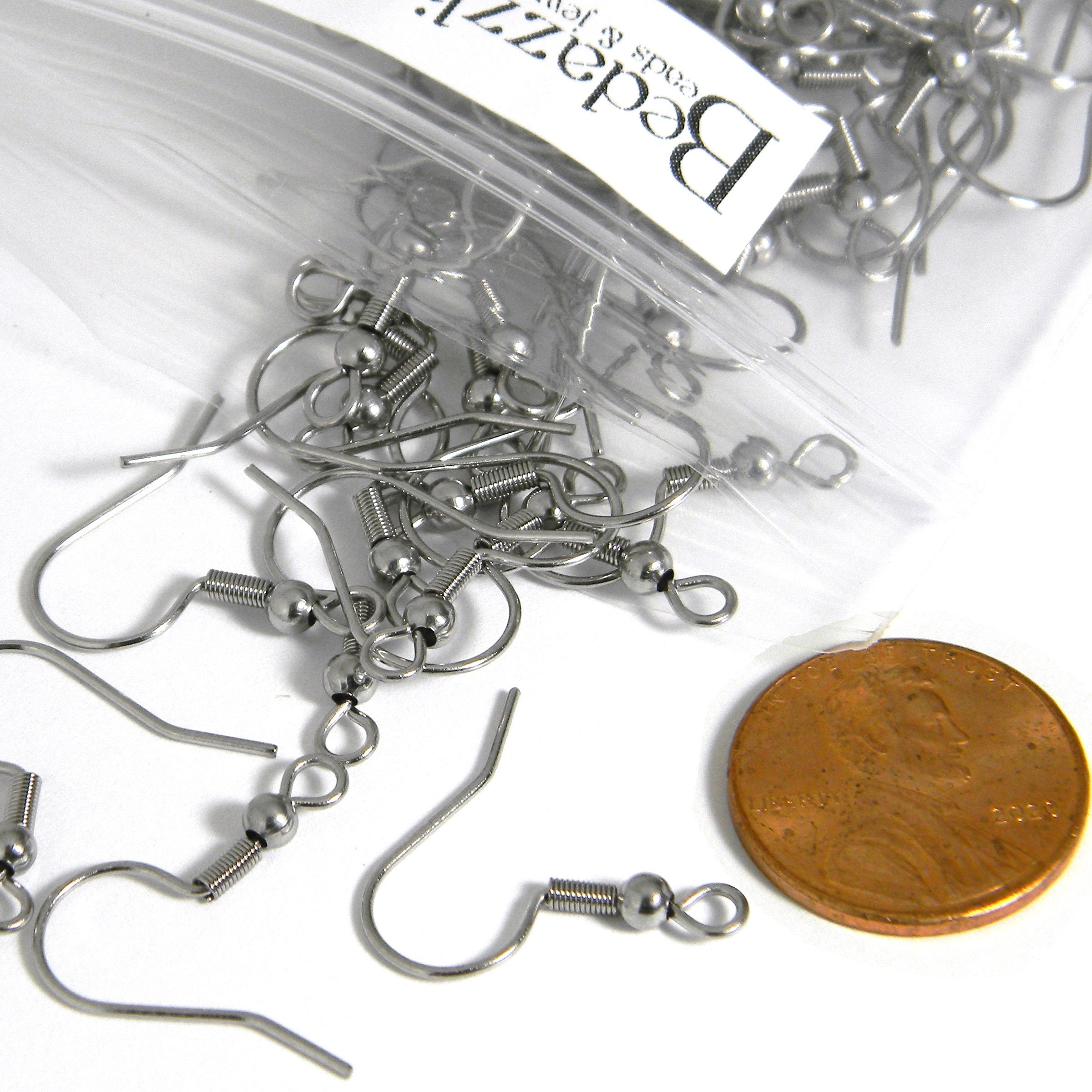 Surgical Steel Earring Earwires Hypoallergenic Fishhook Silver-plated Ball  and Coil with Open Loop, 21 Gauge. 100 Pairs. (200)