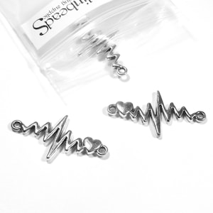 4 Antique Silver 1 1/4 inch Heart Beat EKG Linking Charm Pendants With 2 Loop Rings