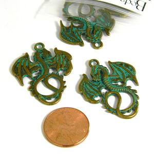 4 Big Antique Bronze & Green Patina Mythical Flying Winged Dragon Rustic Aged Metal Pendant Charms