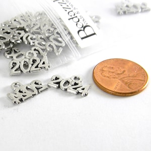 May include: A bag of silver metal charms with the year 2024 on them. The charms are about the size of a US penny.