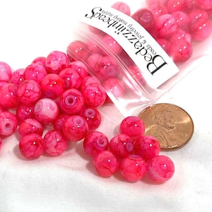 50 Marbled Bright Hot Pink Tie Dye 8mm Round Loose Glass Jewelry Beads with 1.3mm Hole for Stringing