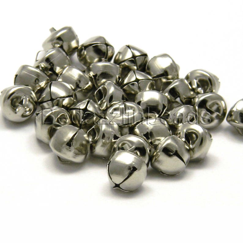 50 Platinum Silver 10mm 38 inch Round Iron Craft Jingle Bells With Loop to Use as Dangle Charms