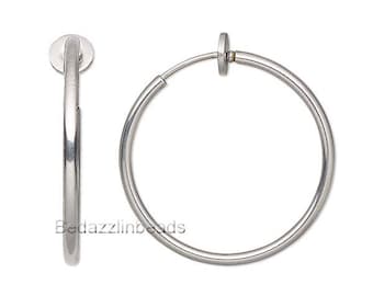 Pair of 1 inch Silver Surgical Stainless Steel Clip on Hoop Earrings w/ Spring Closure