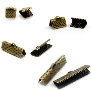 10 Antique Bronze Short - Long Textured Metal Ribbon Crimp End Jewelry Findings with Teeth For Flat Leathers, Ribbons +