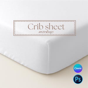 May include: A white crib sheet mockup with the text "Crib sheet mockup" in a brown rectangular frame. The sheet is folded over, showing a corner. The Canva and Ps logos are in the bottom right corner.