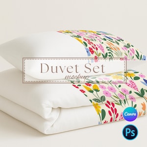 May include: A white duvet set with a floral pattern in pink, yellow, and blue. The image includes the text "Duvet Set mockup". The Canva and Ps logos are also visible.