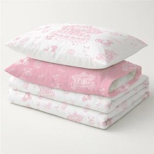 Ropa de cama rosa para niñas - Funda nórdica Toile con diseño de osito de peluche de carrusel Juego de cama para niños Decoración de habitación de niñas, dormitorio infantil