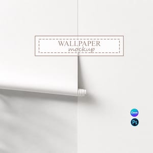 以下が含まれることがあります： 部分的に巻き戻された白い壁紙モックアップ。テキスト「WALLPAPER mockup」は茶色の長方形のフレームに表示されます。この画像は、壁紙のデザインを紹介するのに適した、クリーンでミニマリストな美学を持っています。
