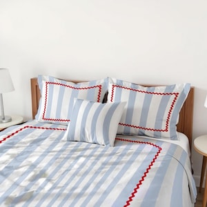 Duvet Cover Set Blue Stripes with Red Adult bedding for Dorm, Master Bedroom bedding, Teen bedding Costal Design Light Blue Beach duvet set