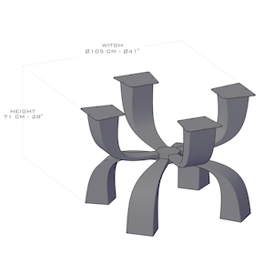 May include: A gray metal table base with a unique, curved design. The base is 41 inches wide and 28 inches tall.
