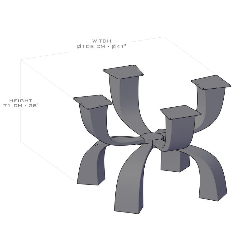 May include: A gray metal table base with a unique, curved design. The base is 41 inches wide and 28 inches tall.