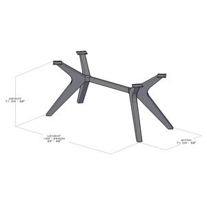 May include: A gray metal table base with a modern design. The base has four angled legs and a central support beam. Height is 28 inches (71 cm), width is 28 inches (71 cm), and length is 39-98 inches (100-250 cm).