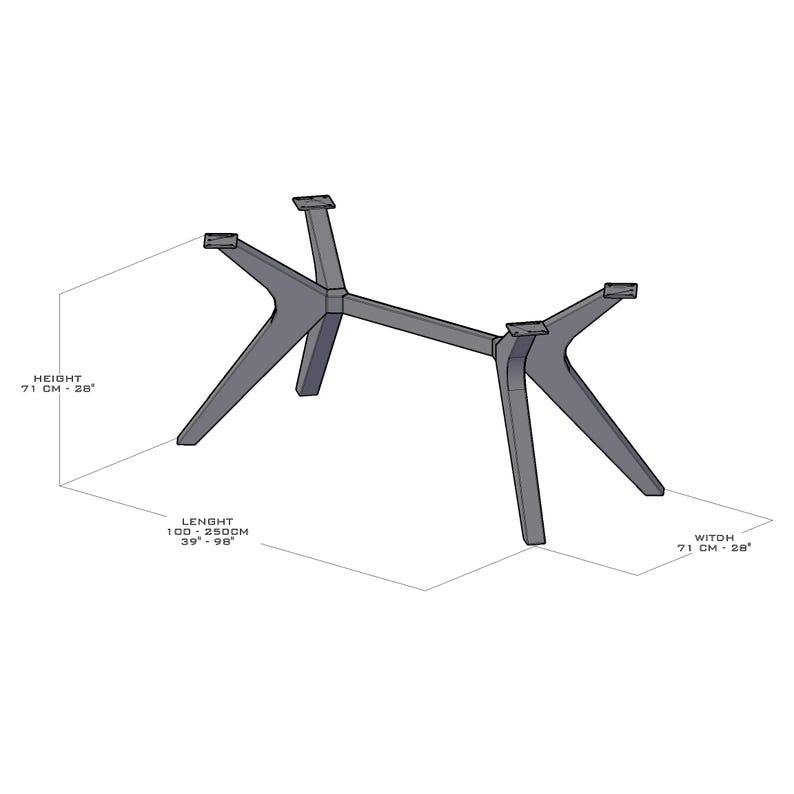 May include: A gray metal table base with a modern design. The base has four angled legs and a central support beam. Height is 28 inches (71 cm), width is 28 inches (71 cm), and length is 39-98 inches (100-250 cm).