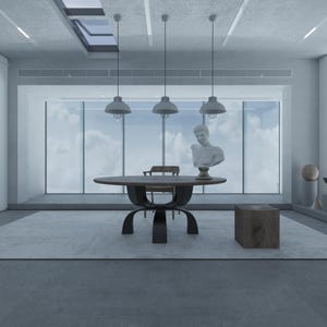 May include: A modern dining room with a large wooden table and four black metal chairs. The table has a unique design with a curved base. There are three pendant lights hanging from the ceiling, and a white bust of a man on a pedestal in the background.