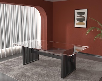 Moderner Esstisch aus Stahl, vertikales Lattendesign, robuste Beine