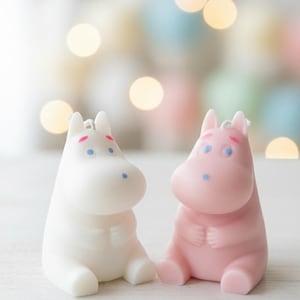 May include: Two hippo-shaped candles, one white and one pink, sit side-by-side. The candles have blue eyes and red accents. They are on a white surface with blurred bokeh lights in the background. These decorative candles are ideal for home decor.