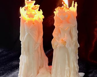 Halloween-kaars voor bruid en bruidegom: 'bloedende' koppen, pilaar soja-bijenwas