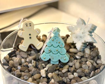 Minikerstkaarsen sojawas: peperkoek, boom, sneeuwvlok