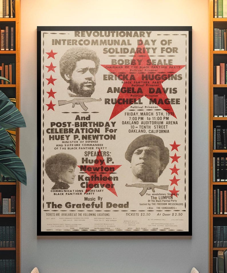 Civil Rights Movement, Black Panther Party Protest Art – 1971 Civil Rights Poster, Huey Newton, Kathleen Cleaver Bobby Steal