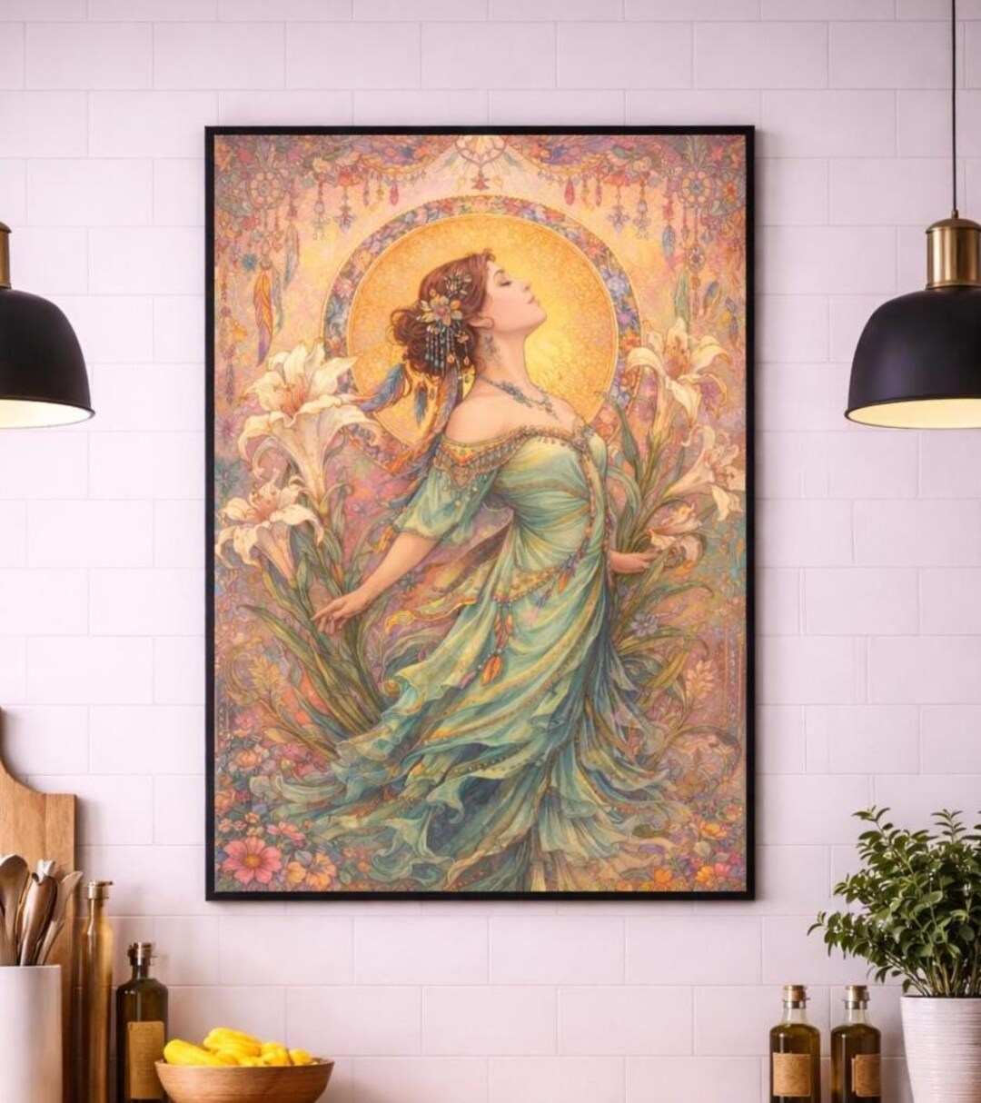 Boho Art Nouveau Goddess Poster Vintage Floral Woman Decorative Print ...