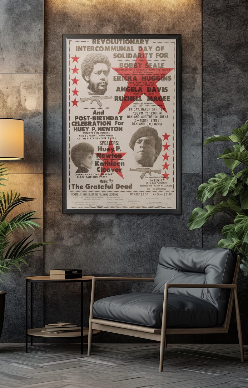 Civil Rights Movement, Black Panther Party Protest Art – 1971 Civil Rights Poster, Huey Newton, Kathleen Cleaver Bobby Steal