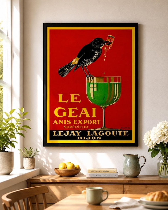 Vintage French Cocktail Poster – Art Deco Bird and Green Glass