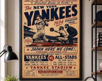 1934 New York Baseball Exhibition Poster Vintage Retro Sports Stadium Print PRINTABLE DOWNLOAD