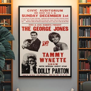 Póster retro de música country de los años 70 con George Jones, Tammy Wynette y Dolly Parton. Póster vintage de concierto de música country.