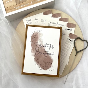 Hochzeitsspiel: Braut oder Bräutigam? | Hochzeitsquiz für Gäste | Geschenk | Glitzer | Unterhaltung | ab 20. Karten | Party | Farbstrich